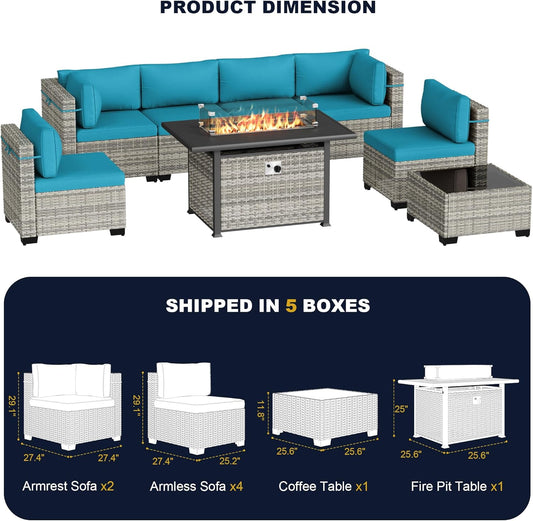 Muphyers 8-Piece Outdoor Patio Furniture Set with 55,000 BTU Fire Pit Table, PE Wicker Rattan Sectional Sofa Conversation Set - All-Weather Garden, Backyard Furniture,Turquoise