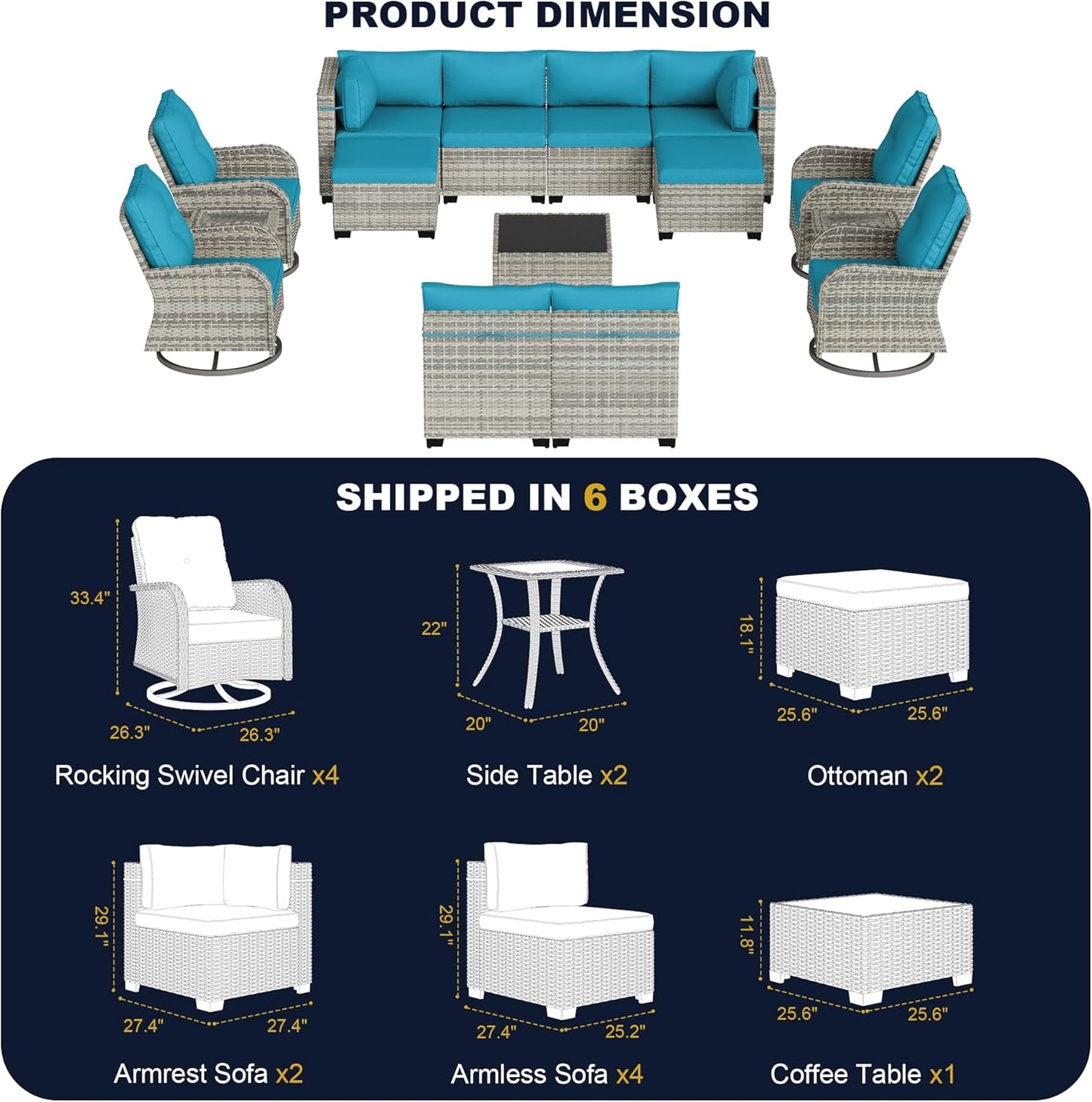 Muphyers 15-Piece Outdoor Patio Furniture Set with Rocking Swivel Chair, Wicker Rattan Sectional Sofa Conversation Set with Tempered Glass Table with Ottomans, Backyard Furniture,Turquoise