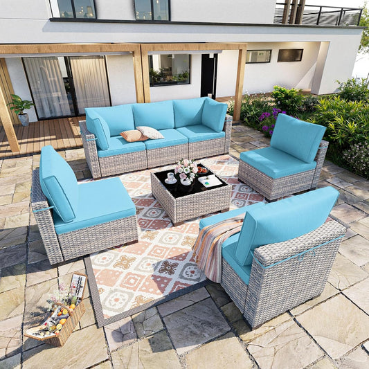 Sweecci 7-Piece Patio Furniture Set, Outdoor Sectional with Thick Cushions, Modular Patio Sofa, Dual-Strand Wicker Rattan, Rust-Resistant Frame, Backyard Furniture for Garden, Deck, Lake Blue