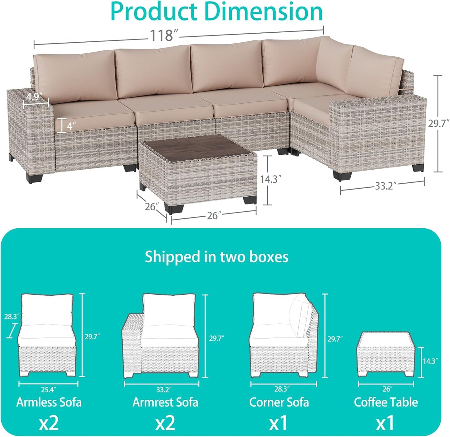 Muphyers 6-Piece Outdoor Patio Furniture Set, PE Wicker Rattan Sectional Sofa Conversation Set with Tempered Glass Table & Thick Cushions - All-Weather Garden, Backyard Furniture,Beige