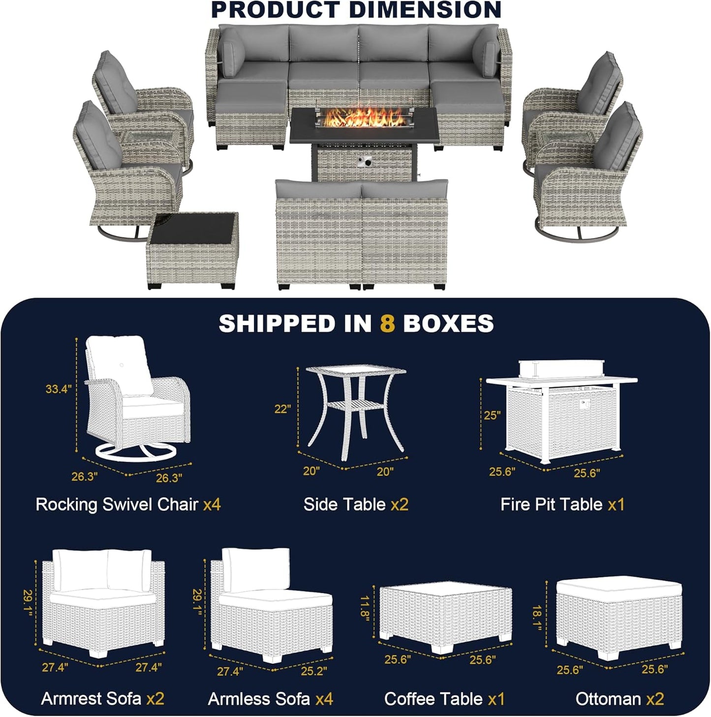Muphyers 16-Piece Outdoor Patio Furniture Set with Rocking Swivel Chair, Wicker Rattan Sectional Sofa Conversation Set with 55,000 BTU Fire Pit Table with Ottomans, Backyard Furniture,Grey