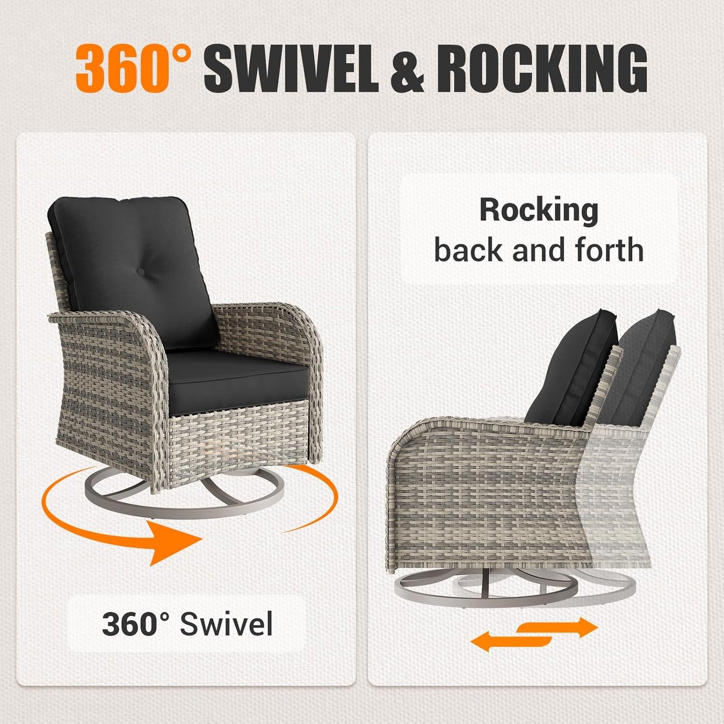 Muphyers 15-Piece Outdoor Patio Furniture Set with Rocking Swivel Chair, Wicker Rattan Sectional Sofa Conversation Set with Tempered Glass Table with Ottomans, Backyard Furniture,Dark Grey