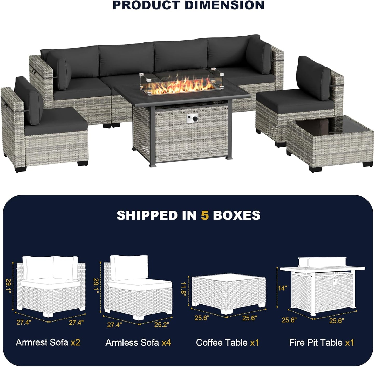 Muphyers 8-Piece Outdoor Patio Furniture Set with 55,000 BTU Fire Pit Table, PE Wicker Rattan Sectional Sofa Conversation Set - All-Weather Garden, Backyard Furniture,Dark Grey