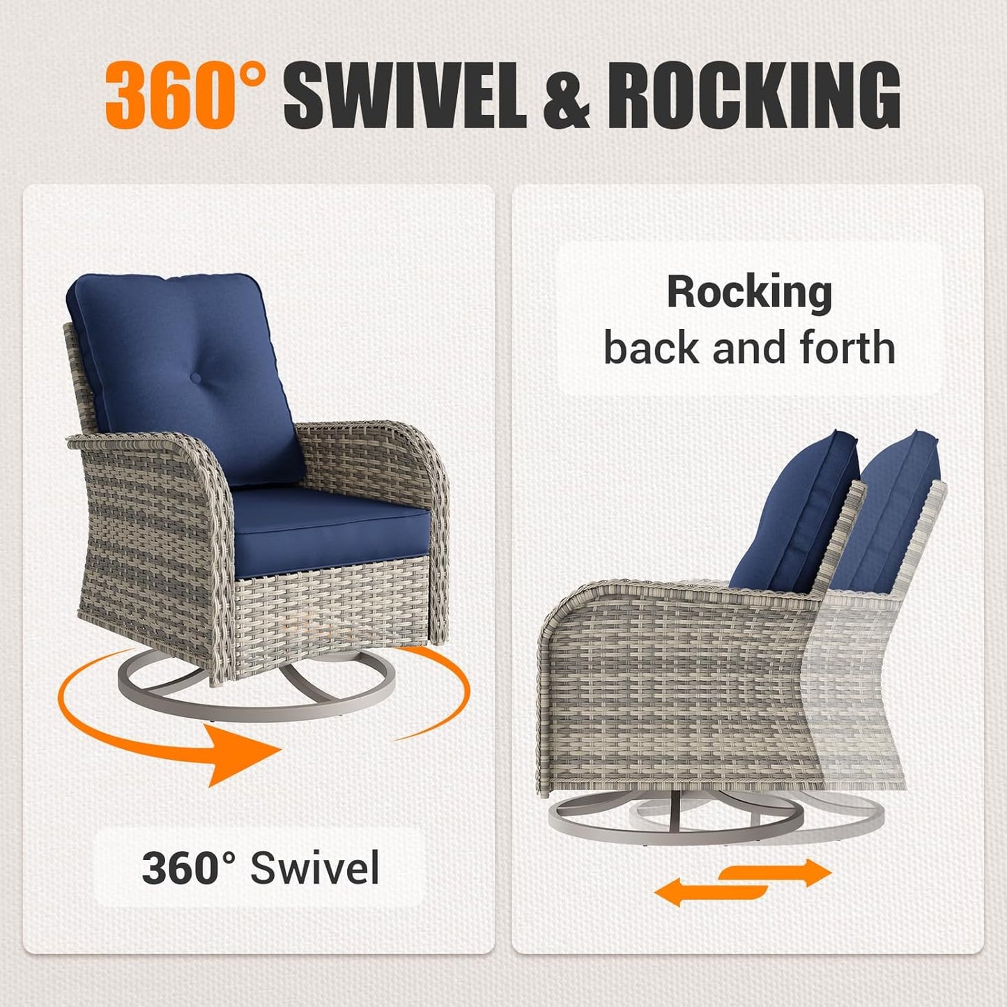 Muphyers Patio Rocking Swivel Chair Outdoor Wicker Rattan Bistro Set with Tempered Glass Side Table, Outdoor Patio Furniture Set for Garden, Deck, and Balcony