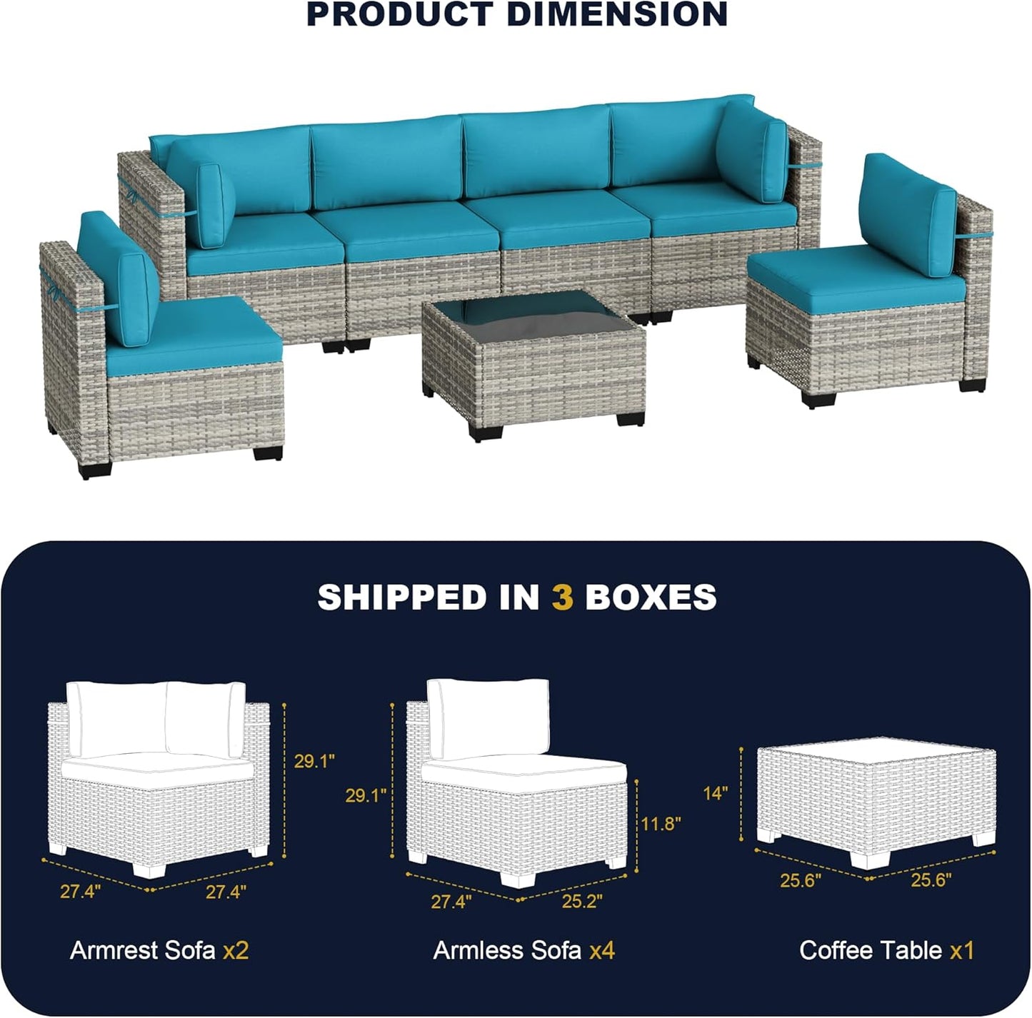 Muphyers 7-Piece Outdoor Patio Furniture Set, PE Wicker Rattan Sectional Sofa Conversation Set with Tempered Glass Table & Thick Cushions - All-Weather Garden, Backyard Furniture,Turquoise