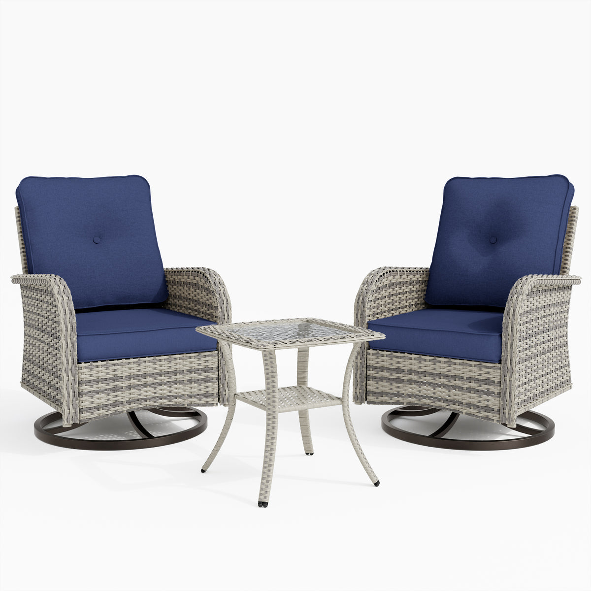 3 Piece Wicker Patio Furniture Set, Patio Swivel Rocker Chairs Set of 2, Outdoor Bistro Set, Patio Chairs Set of 2 with Rocking Chair, Thickened Cushions and Table for Porch, Balcony, Navy