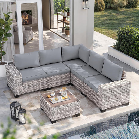 Muphyers 6-Piece Outdoor Patio Furniture Set, PE Wicker Rattan Sectional Sofa Conversation Set with Tempered Glass Table & Thick Cushions - All-Weather Garden, Backyard Furniture,Grey