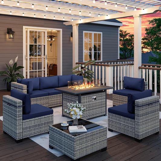 Muphyers 8-Piece Outdoor Patio Furniture Set with 55,000 BTU Fire Pit Table, PE Wicker Rattan Sectional Sofa Conversation Set - All-Weather Garden, Backyard Furniture,Navy Blue
