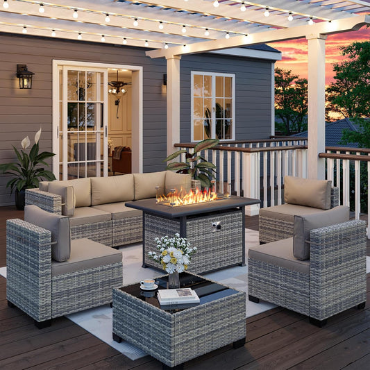 Muphyers 8-Piece Outdoor Patio Furniture Set with 55,000 BTU Fire Pit Table, PE Wicker Rattan Sectional Sofa Conversation Set - All-Weather Garden, Backyard Furniture,Beige
