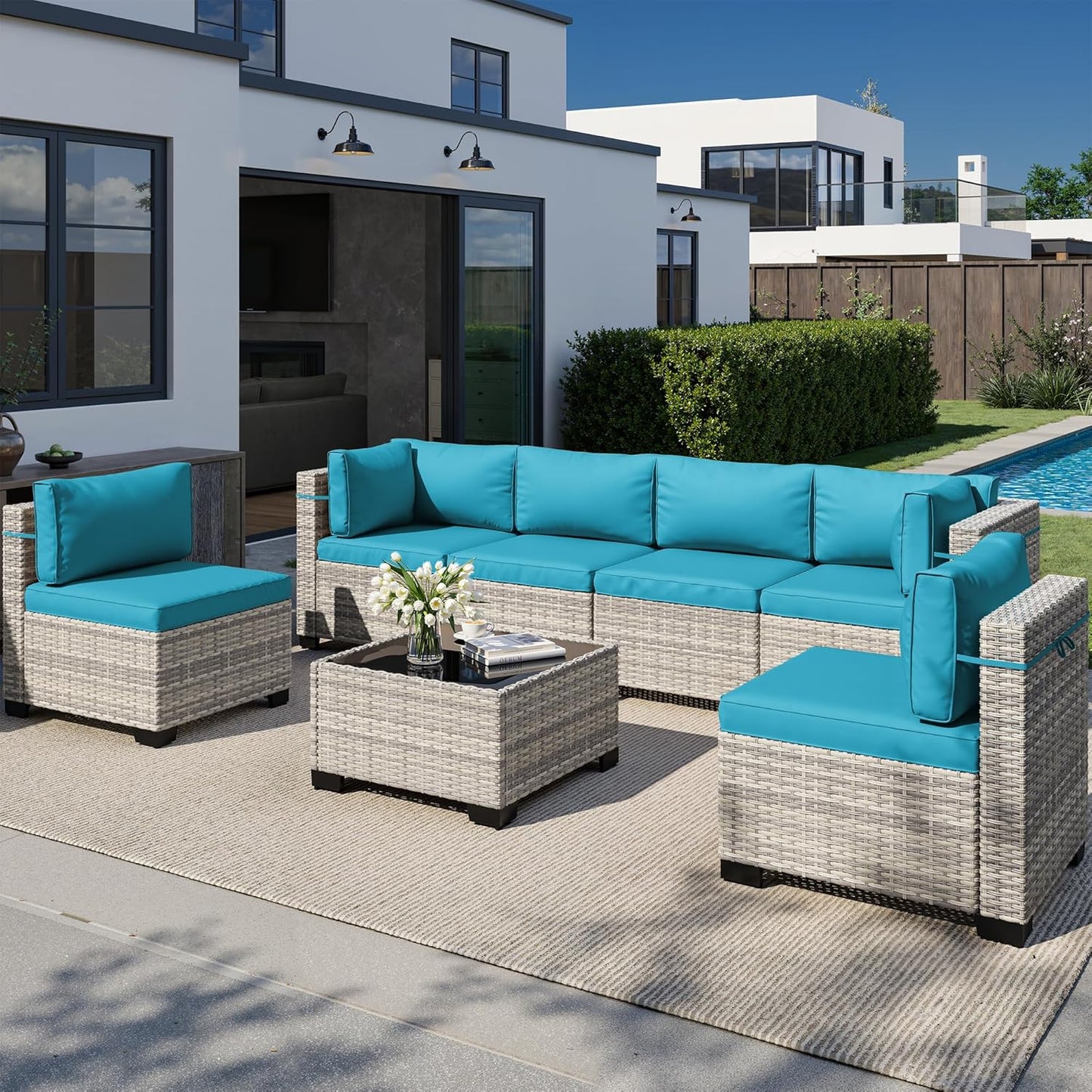 Muphyers 7-Piece Outdoor Patio Furniture Set, PE Wicker Rattan Sectional Sofa Conversation Set with Tempered Glass Table & Thick Cushions - All-Weather Garden, Backyard Furniture,Turquoise