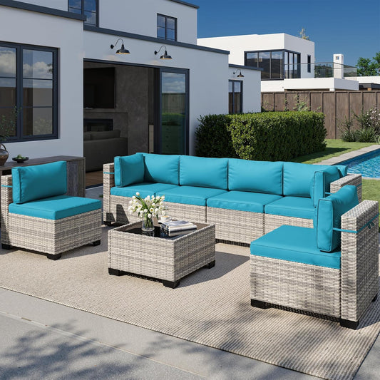 Muphyers 7-Piece Outdoor Patio Furniture Set, PE Wicker Rattan Sectional Sofa Conversation Set with Tempered Glass Table & Thick Cushions - All-Weather Garden, Backyard Furniture,Turquoise
