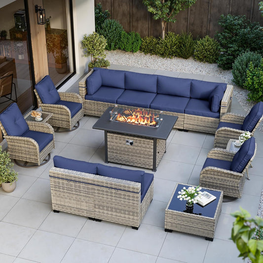 Muphyers 14-Piece Outdoor Patio Furniture Set with Rocking Swivel Chair, Wicker Rattan Sectional Sofa Conversation Set with 55,000 BTU Fire Pit Table, Backyard Furniture,Navy Blue