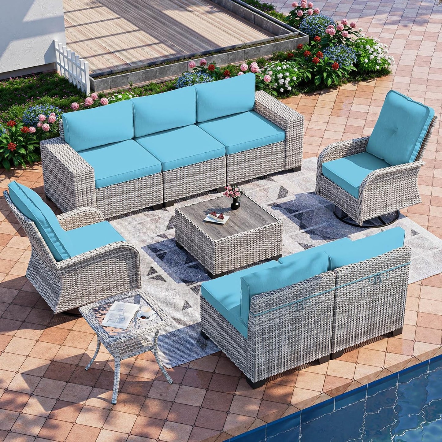 Muphyers 9-Piece Outdoor Patio Furniture Set with Rocking Swivel Chair Wicker Sectional Sofa Set, Patio Conversation Set with Thickened Cushions & Coffee Table for Garden, Backyard