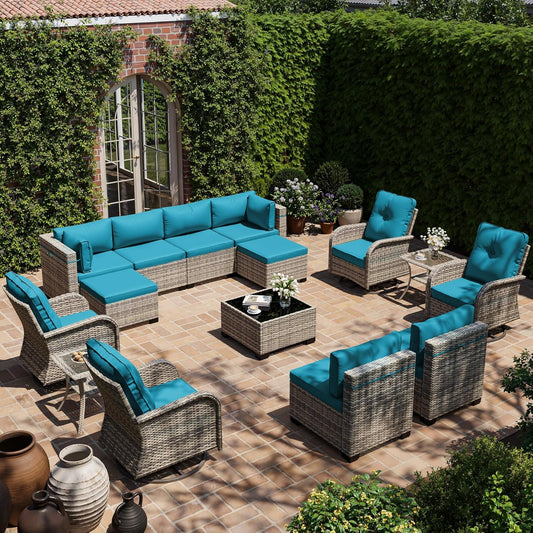 Muphyers 15-Piece Outdoor Patio Furniture Set with Rocking Swivel Chair, Wicker Rattan Sectional Sofa Conversation Set with Tempered Glass Table with Ottomans, Backyard Furniture,Turquoise