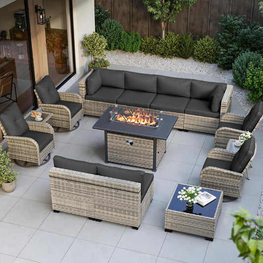 Muphyers 14-Piece Outdoor Patio Furniture Set with Rocking Swivel Chair, Wicker Rattan Sectional Sofa Conversation Set with 55,000 BTU Fire Pit Table, Backyard Furniture,Dark Grey