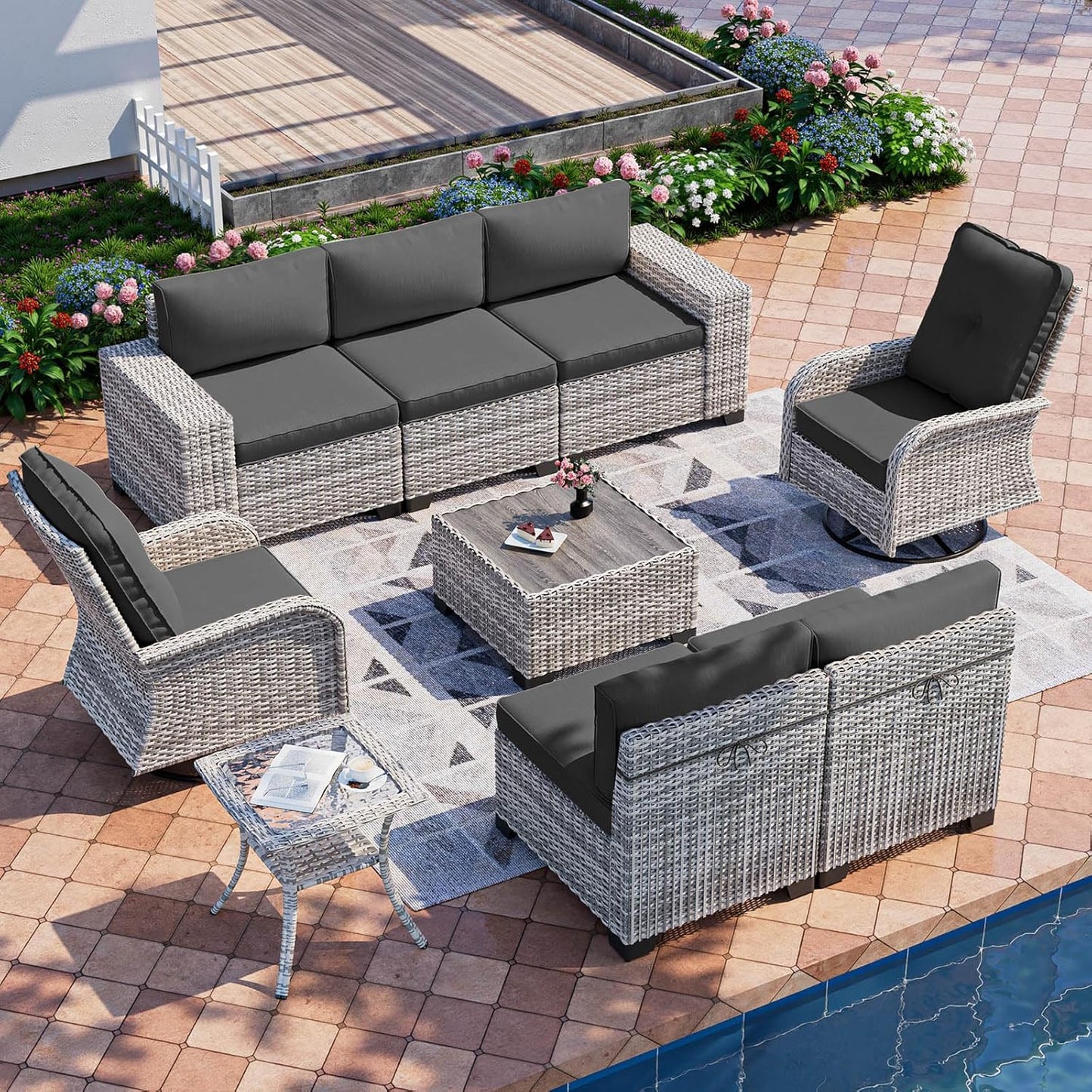 Muphyers 9-Piece Outdoor Patio Furniture Set with Rocking Swivel Chair Wicker Sectional Sofa Set, Patio Conversation Set with Thickened Cushions & Coffee Table for Garden, Backyard