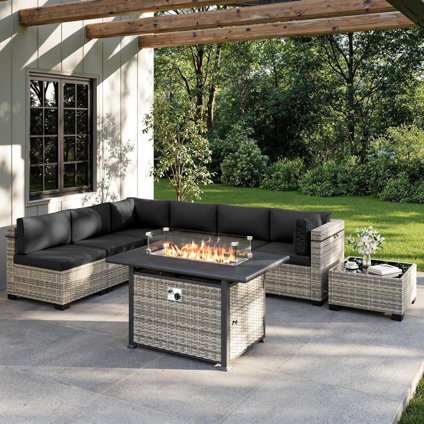 Muphyers 8-Piece Outdoor Patio Furniture Set with 55,000 BTU Fire Pit Table, PE Wicker Rattan Sectional Sofa Conversation Set - All-Weather Garden, Backyard Furniture,Dark Grey