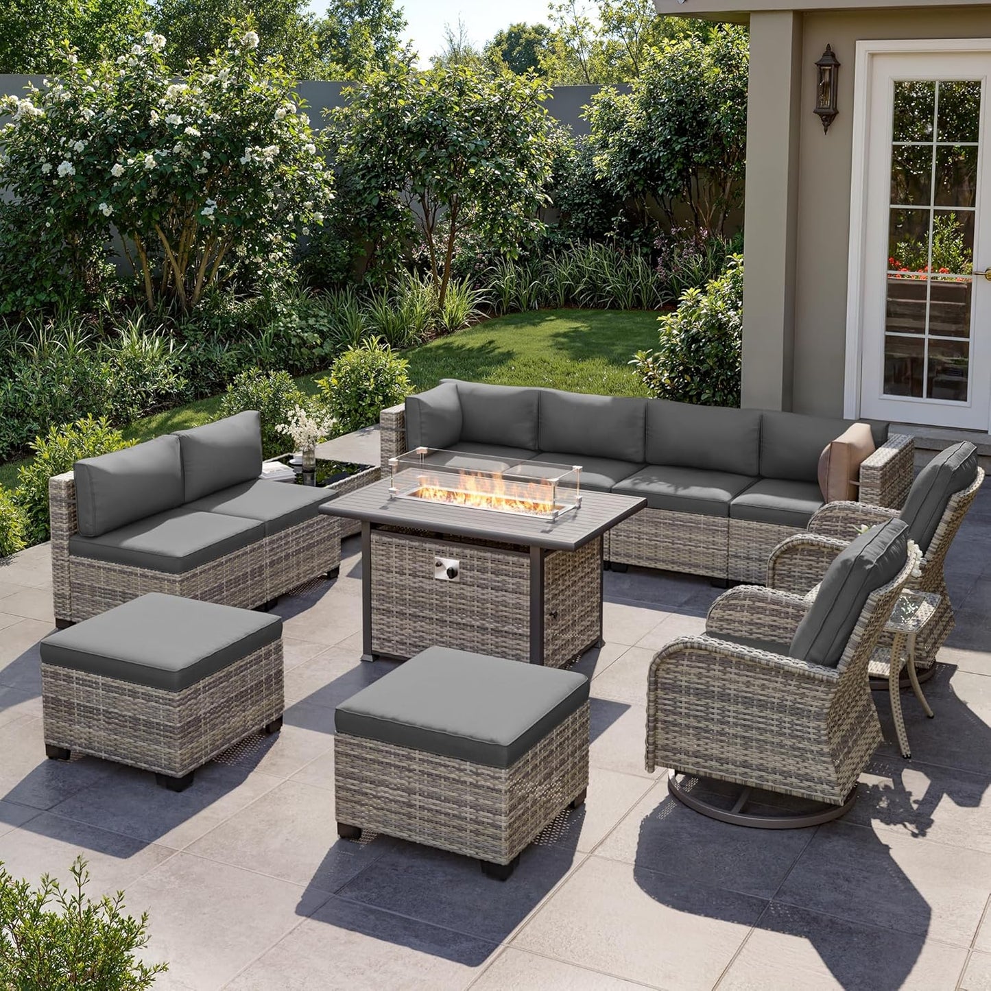 Muphyers 13-Piece Outdoor Patio Furniture Set with Rocking Swivel Chair, Wicker Rattan Sectional Sofa Conversation Set with 55,000 BTU Fire Pit Table with Ottomans, Backyard Furniture,Grey