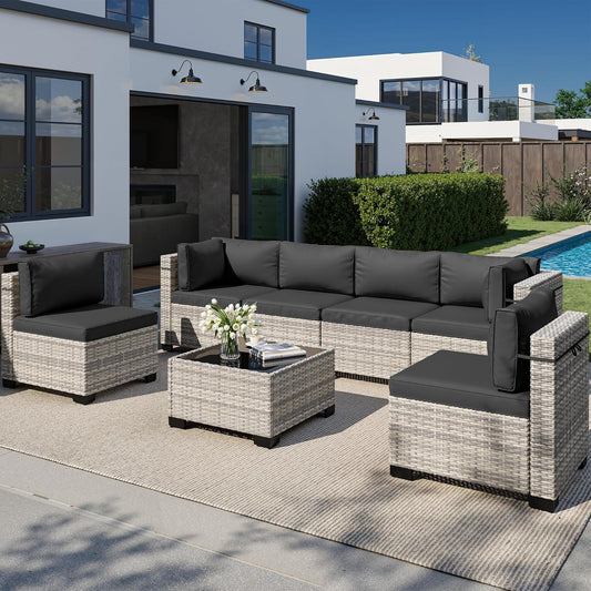 Muphyers 7-Piece Outdoor Patio Furniture Set, PE Wicker Rattan Sectional Sofa Conversation Set with Tempered Glass Table & Thick Cushions - All-Weather Garden, Backyard Furniture,Dark Grey