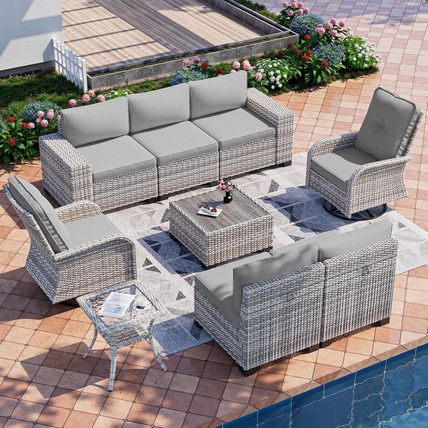 Muphyers 9-Piece Outdoor Patio Furniture Set with Rocking Swivel Chair Wicker Sectional Sofa Set, Patio Conversation Set with Thickened Cushions & Coffee Table for Garden, Backyard