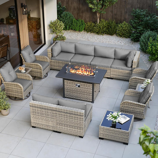 Muphyers 14-Piece Outdoor Patio Furniture Set with Rocking Swivel Chair, Wicker Rattan Sectional Sofa Conversation Set with 55,000 BTU Fire Pit Table, Backyard Furniture,Grey