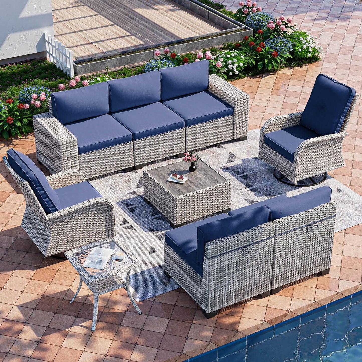 Muphyers 9-Piece Outdoor Patio Furniture Set with Rocking Swivel Chair Wicker Sectional Sofa Set, Patio Conversation Set with Thickened Cushions & Coffee Table for Garden, Backyard