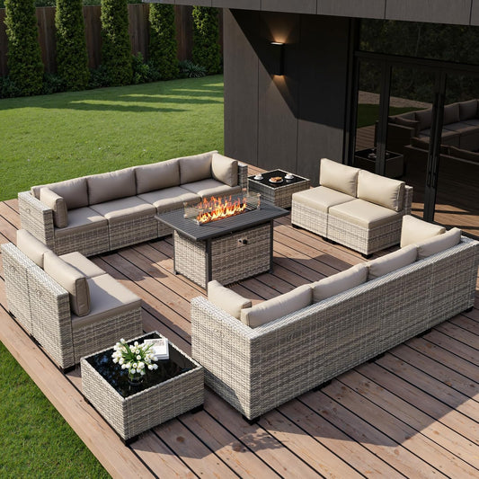 Muphyers 15-Piece Outdoor Patio Furniture Set with 55,000 BTU Fire Pit Table, PE Wicker Rattan Sectional Sofa Conversation Set - All-Weather Garden, Backyard Furniture,Beige