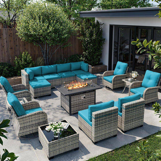 Muphyers 16-Piece Outdoor Patio Furniture Set with Rocking Swivel Chair, Wicker Rattan Sectional Sofa Conversation Set with 55,000 BTU Fire Pit Table with Ottomans, Backyard Furniture,Turquoise