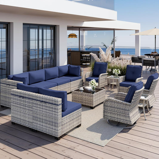 Muphyers 13-Piece Outdoor Patio Furniture Set with Rocking Swivel Chair, Wicker Rattan Sectional Sofa Conversation Set with Tempered Glass Table, Backyard Furniture,Navy Blue