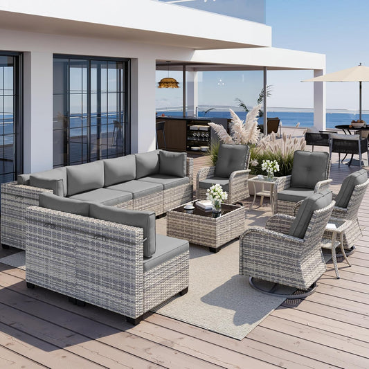 Muphyers 13-Piece Outdoor Patio Furniture Set with Rocking Swivel Chair, Wicker Rattan Sectional Sofa Conversation Set with Tempered Glass Table, Backyard Furniture,Grey