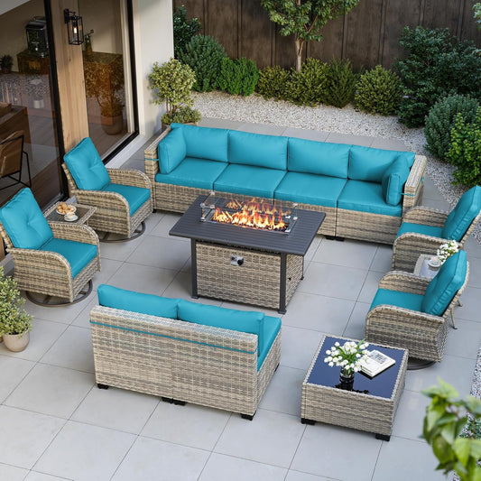 Muphyers 14-Piece Outdoor Patio Furniture Set with Rocking Swivel Chair, Wicker Rattan Sectional Sofa Conversation Set with 55,000 BTU Fire Pit Table, Backyard Furniture,Turquoise