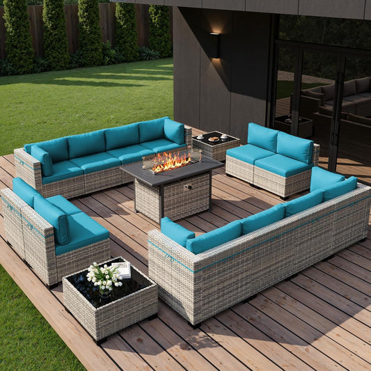 Muphyers 15-Piece Outdoor Patio Furniture Set with 55,000 BTU Fire Pit Table, PE Wicker Rattan Sectional Sofa Conversation Set - All-Weather Garden, Backyard Furniture,Turquoise