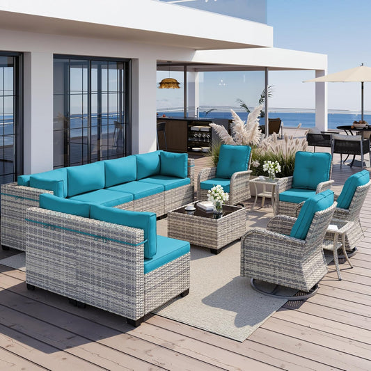 Muphyers 13-Piece Outdoor Patio Furniture Set with Rocking Swivel Chair, Wicker Rattan Sectional Sofa Conversation Set with Tempered Glass Table, Backyard Furniture,Turquoise