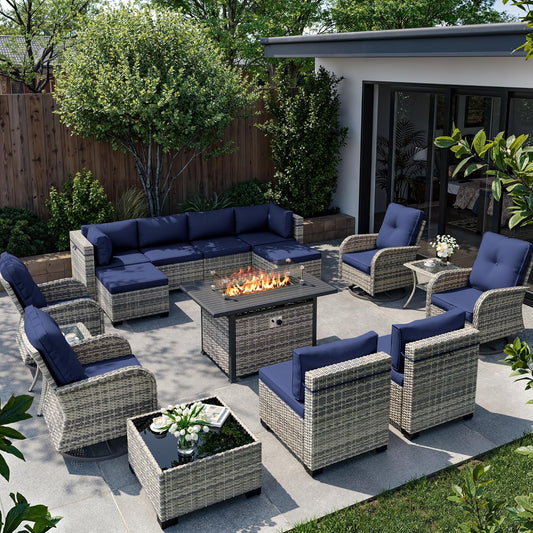 Muphyers 16-Piece Outdoor Patio Furniture Set with Rocking Swivel Chair, Wicker Rattan Sectional Sofa Conversation Set with 55,000 BTU Fire Pit Table with Ottomans, Backyard Furniture,Navy Blue