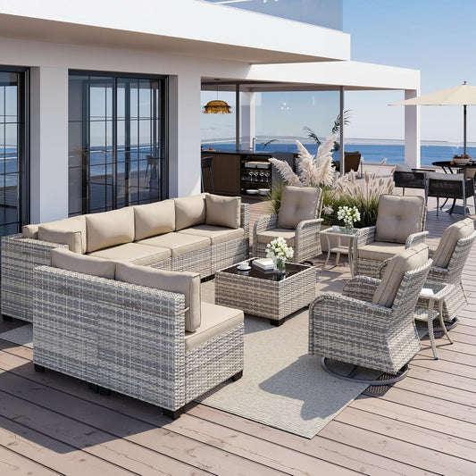 Muphyers 13-Piece Outdoor Patio Furniture Set with Rocking Swivel Chair, Wicker Rattan Sectional Sofa Conversation Set with Tempered Glass Table, Backyard Furniture,Beige