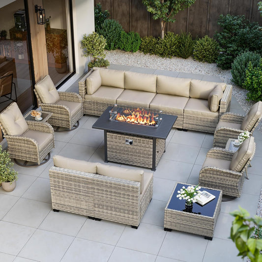 Muphyers 14-Piece Outdoor Patio Furniture Set with Rocking Swivel Chair, Wicker Rattan Sectional Sofa Conversation Set with 55,000 BTU Fire Pit Table, Backyard Furniture,Beige
