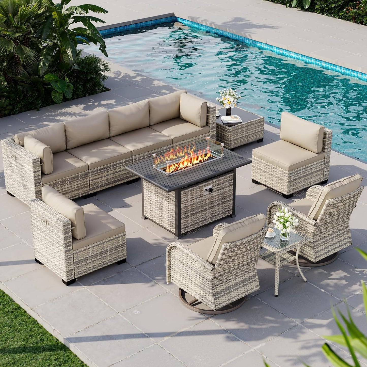 Muphyers 11-Piece Outdoor Patio Furniture Set with Rocking Swivel Chair, Wicker Rattan Sectional Sofa Conversation Set with 55,000 BTU Fire Pit Table, Backyard Furniture,Beige