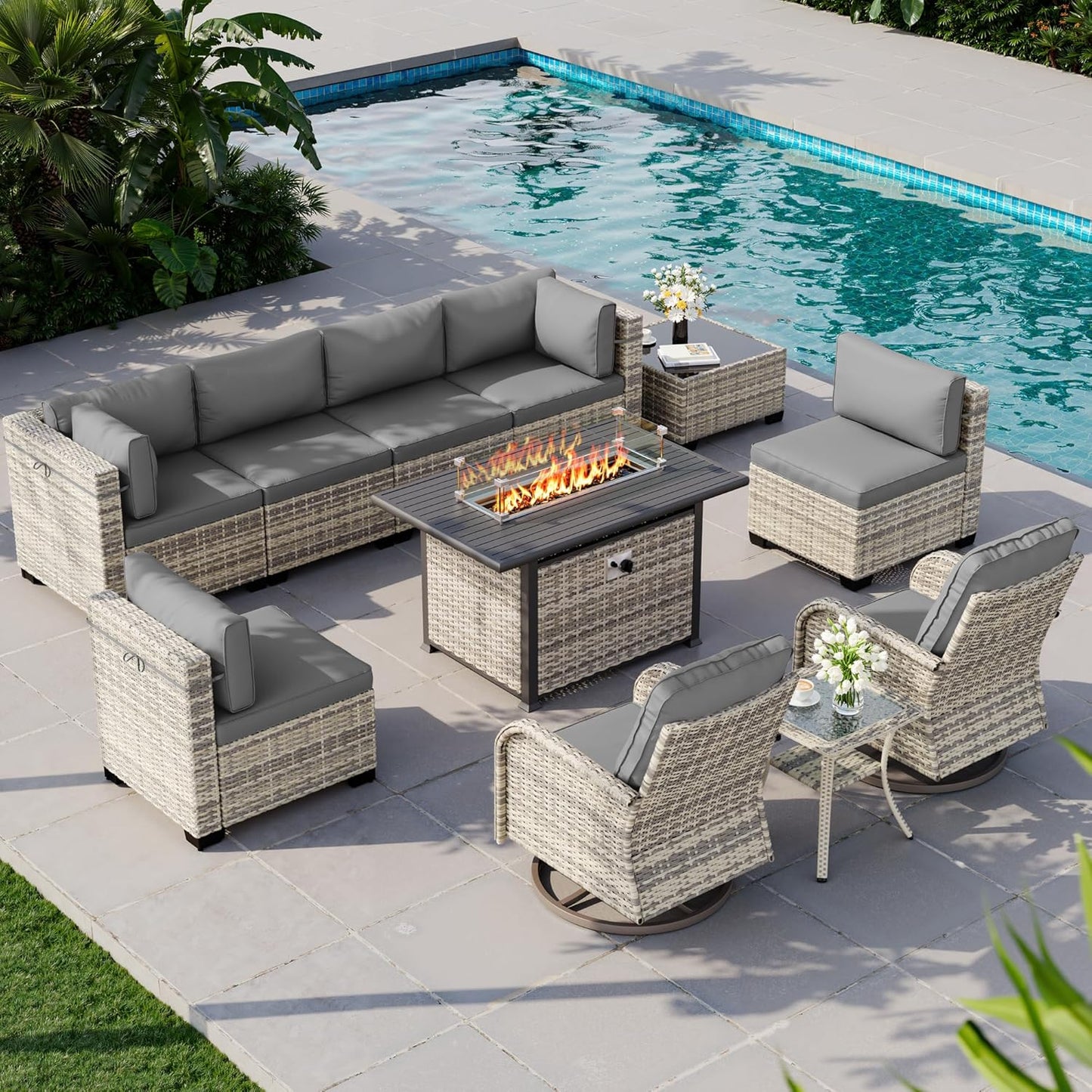 Muphyers 11-Piece Outdoor Patio Furniture Set with Rocking Swivel Chair, Wicker Rattan Sectional Sofa Conversation Set with 55,000 BTU Fire Pit Table, Backyard Furniture,Grey