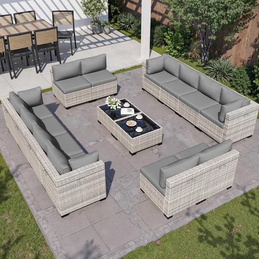 Muphyers 14-Piece Outdoor Patio Furniture Set, PE Wicker Rattan Sectional Sofa Conversation Set with Tempered Glass Table & Thick Cushions - All-Weather Garden, Backyard Furniture,Grey