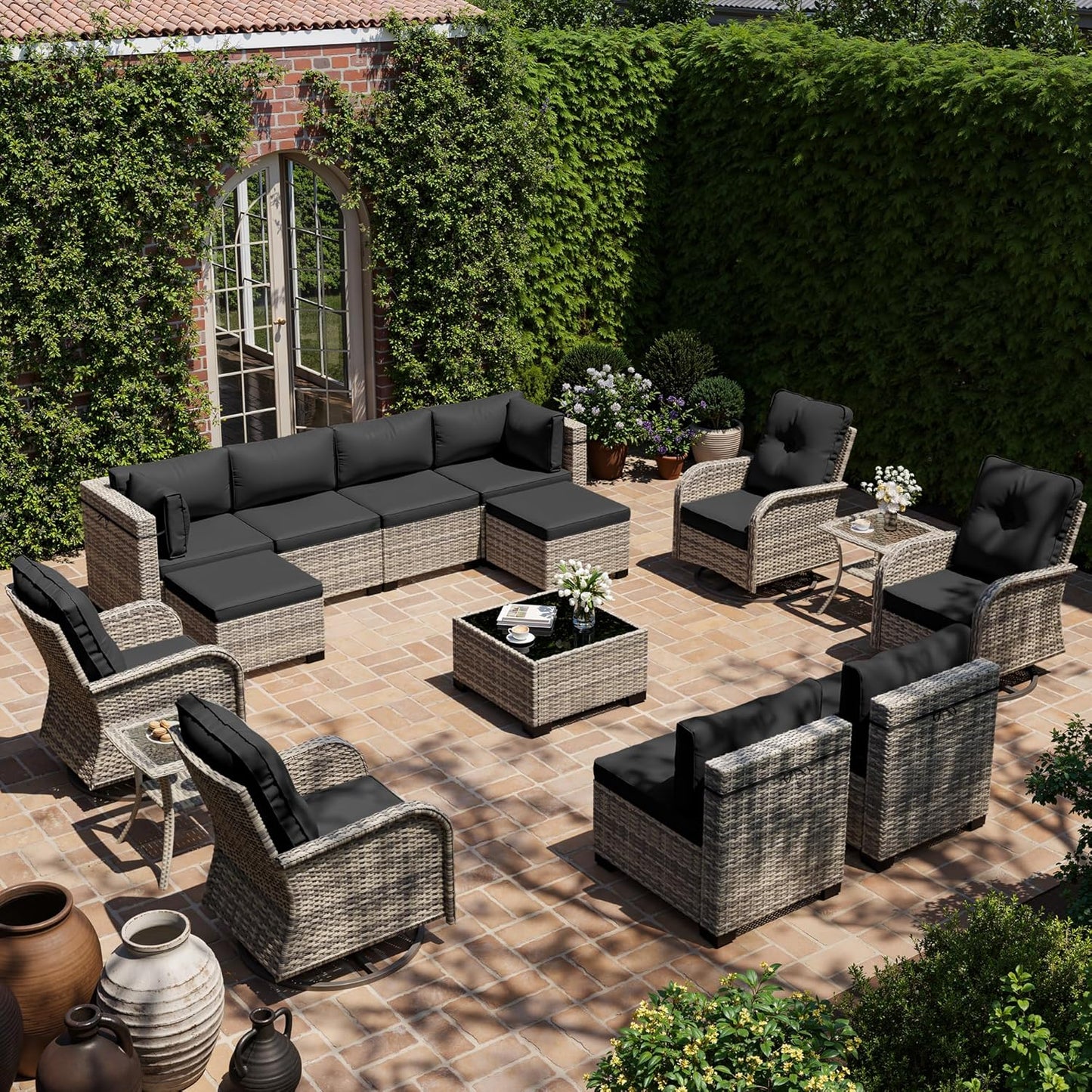 Muphyers 15-Piece Outdoor Patio Furniture Set with Rocking Swivel Chair, Wicker Rattan Sectional Sofa Conversation Set with Tempered Glass Table with Ottomans, Backyard Furniture,Dark Grey