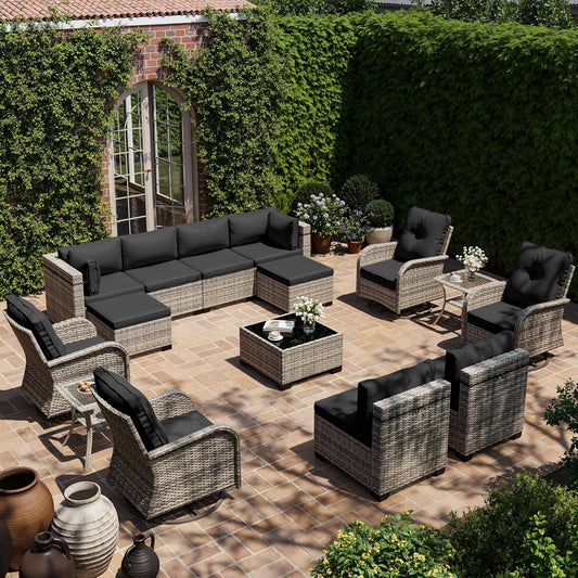 Muphyers 15-Piece Outdoor Patio Furniture Set with Rocking Swivel Chair, Wicker Rattan Sectional Sofa Conversation Set with Tempered Glass Table with Ottomans, Backyard Furniture,Dark Grey