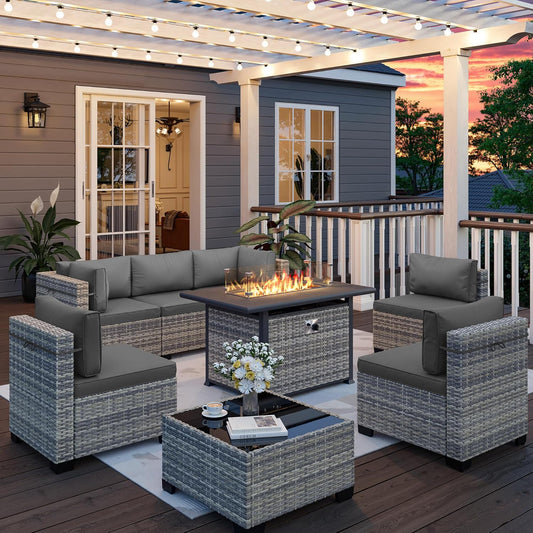 Muphyers 8-Piece Outdoor Patio Furniture Set with 55,000 BTU Fire Pit Table, PE Wicker Rattan Sectional Sofa Conversation Set - All-Weather Garden, Backyard Furniture,Grey