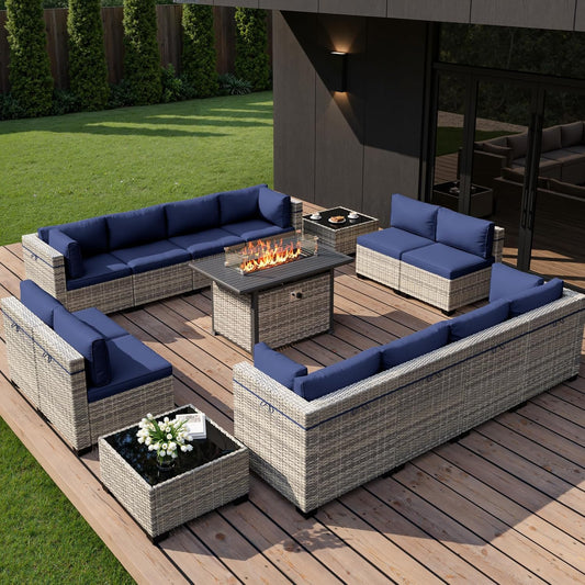 Muphyers 15-Piece Outdoor Patio Furniture Set with 55,000 BTU Fire Pit Table, PE Wicker Rattan Sectional Sofa Conversation Set - All-Weather Garden, Backyard Furniture,Navy Blue
