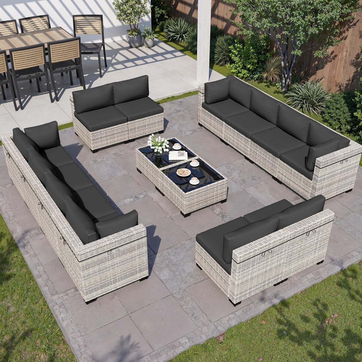 Muphyers 14-Piece Outdoor Patio Furniture Set, PE Wicker Rattan Sectional Sofa Conversation Set with Tempered Glass Table & Thick Cushions - All-Weather Garden, Backyard Furniture,Dark Grey