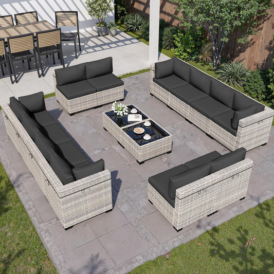 Muphyers 14-Piece Outdoor Patio Furniture Set, PE Wicker Rattan Sectional Sofa Conversation Set with Tempered Glass Table & Thick Cushions - All-Weather Garden, Backyard Furniture,Dark Grey