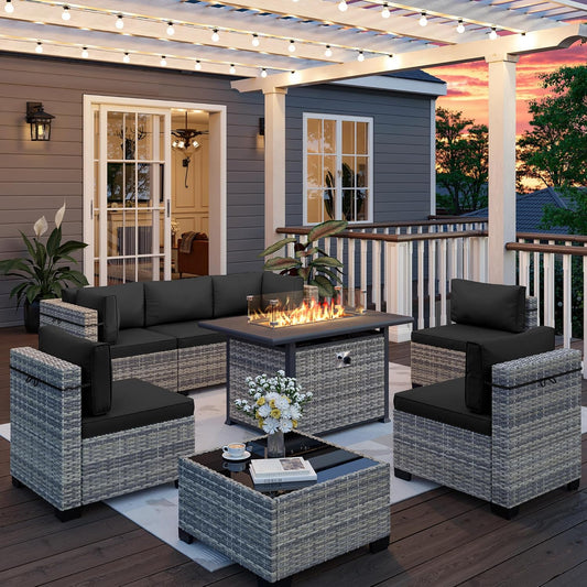 Muphyers 8-Piece Outdoor Patio Furniture Set with 55,000 BTU Fire Pit Table, PE Wicker Rattan Sectional Sofa Conversation Set - All-Weather Garden, Backyard Furniture,Dark Grey