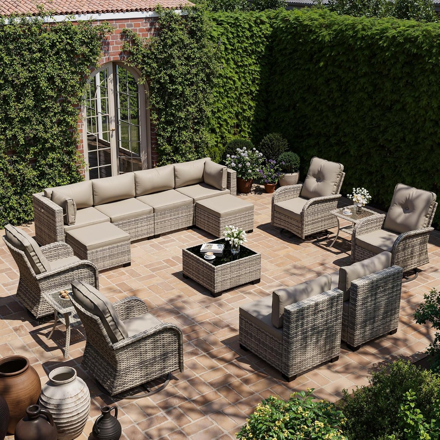 Muphyers 15-Piece Outdoor Patio Furniture Set with Rocking Swivel Chair, Wicker Rattan Sectional Sofa Conversation Set with Tempered Glass Table with Ottomans, Backyard Furniture,Beige