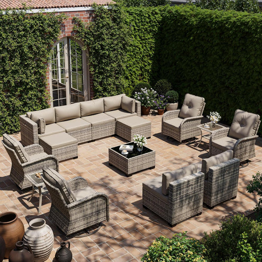 Muphyers 15-Piece Outdoor Patio Furniture Set with Rocking Swivel Chair, Wicker Rattan Sectional Sofa Conversation Set with Tempered Glass Table with Ottomans, Backyard Furniture,Beige