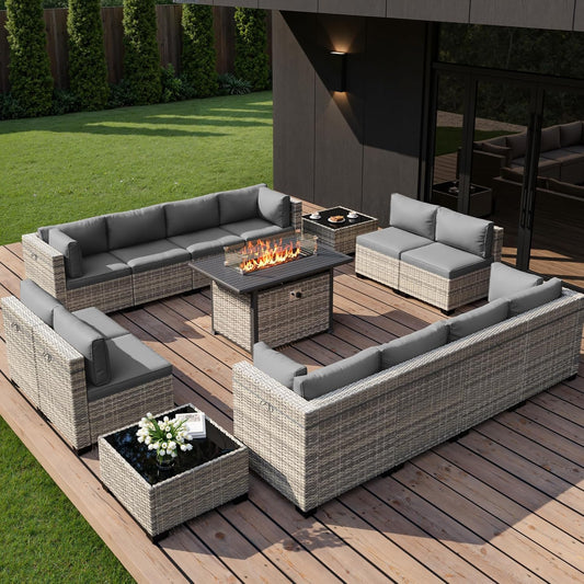 Muphyers 15-Piece Outdoor Patio Furniture Set with 55,000 BTU Fire Pit Table, PE Wicker Rattan Sectional Sofa Conversation Set - All-Weather Garden, Backyard Furniture,Grey