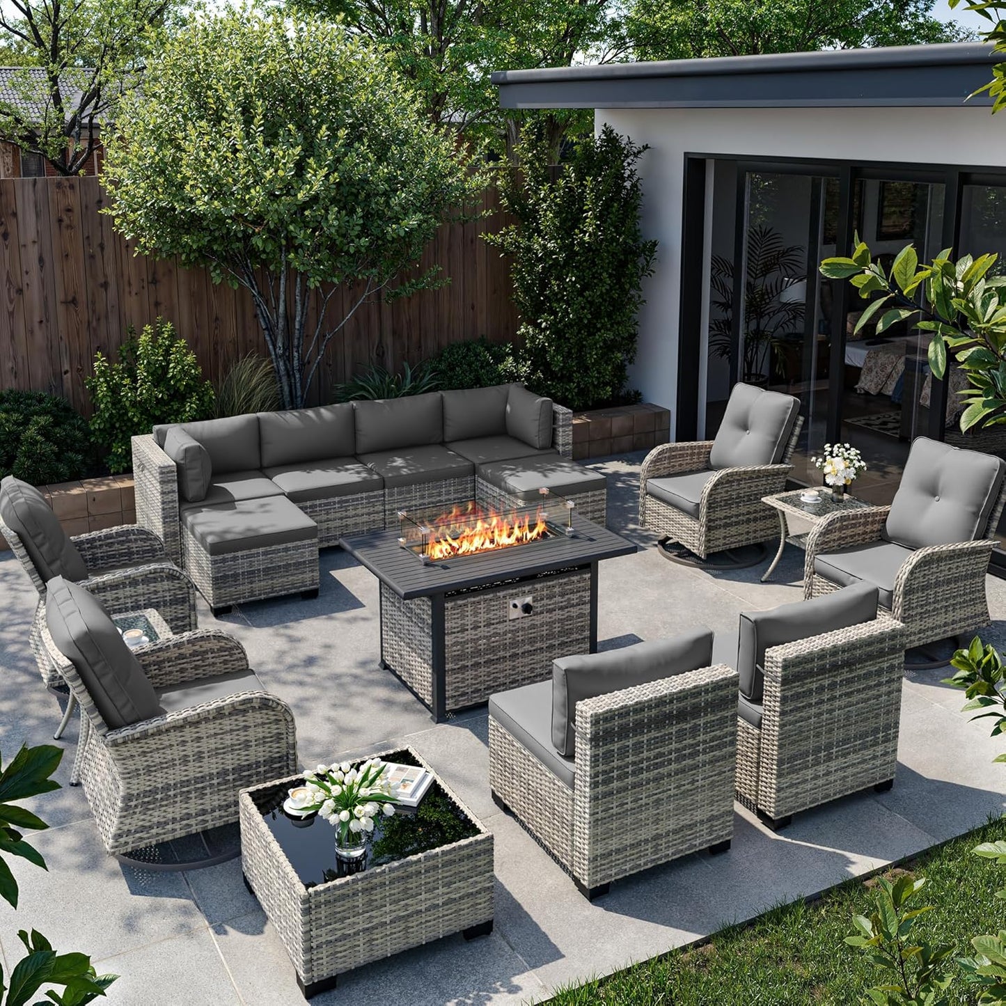 Muphyers 16-Piece Outdoor Patio Furniture Set with Rocking Swivel Chair, Wicker Rattan Sectional Sofa Conversation Set with 55,000 BTU Fire Pit Table with Ottomans, Backyard Furniture,Grey
